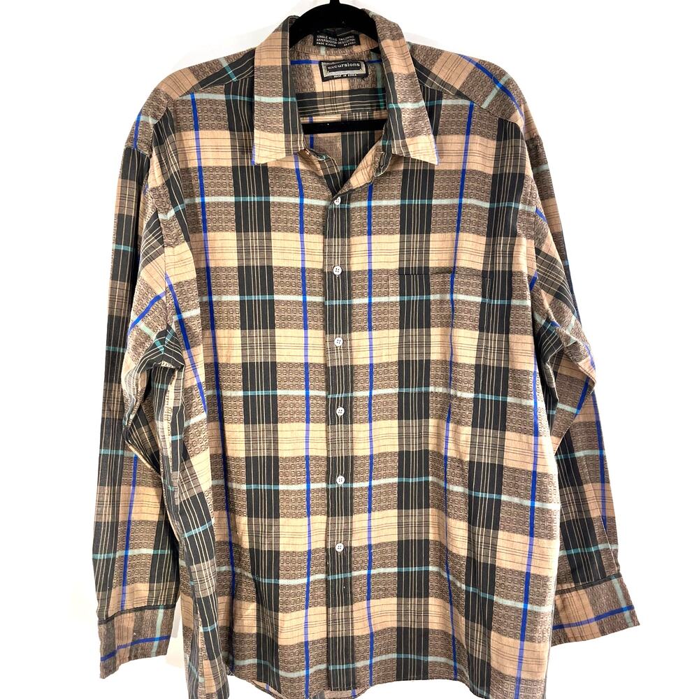 vintage men's long sleeve button down shirt plaid brown blue black xl/2xl